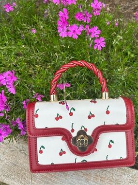Red & White Cherry Top-Handle Rhinestone Purse